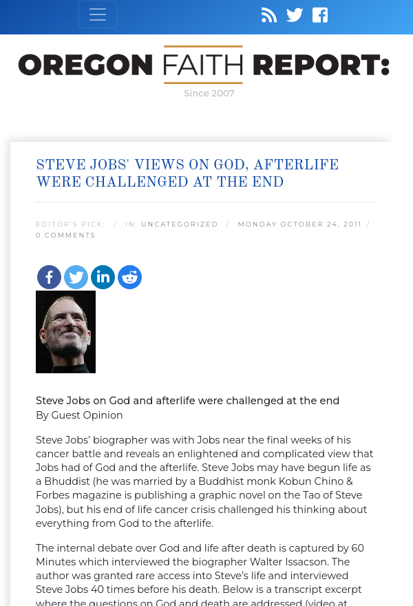 Steve Jobs' views on God, afterlife were challenged at the end
